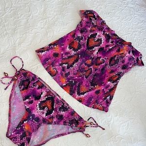 Snake print ruffle top tankini set